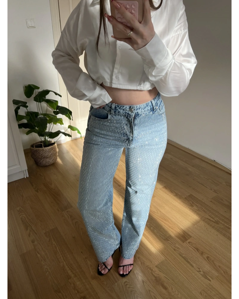 Taşlı Straight Fit Premium Jean Pantolon