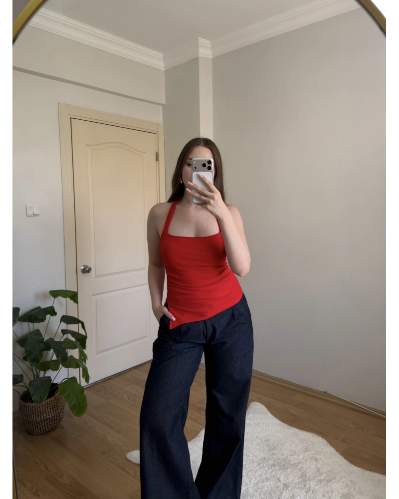 Yan Yırtmaçlı Halter Yaka Kırmızı Top