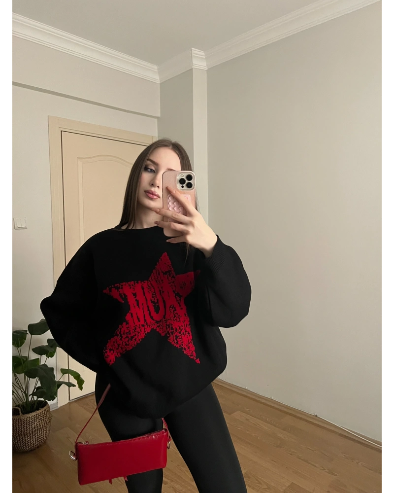 Yıdız Desenli Siyah Oversize Kazak