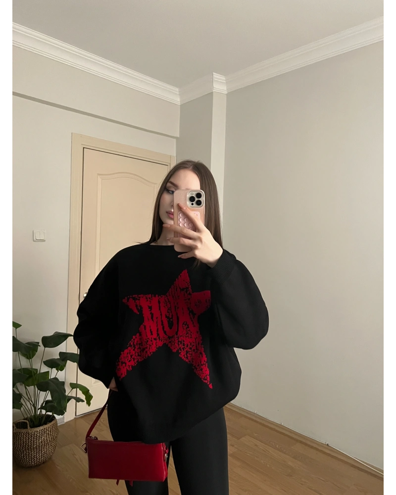 Yıdız Desenli Siyah Oversize Kazak