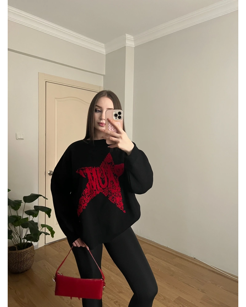 Yıdız Desenli Siyah Oversize Kazak