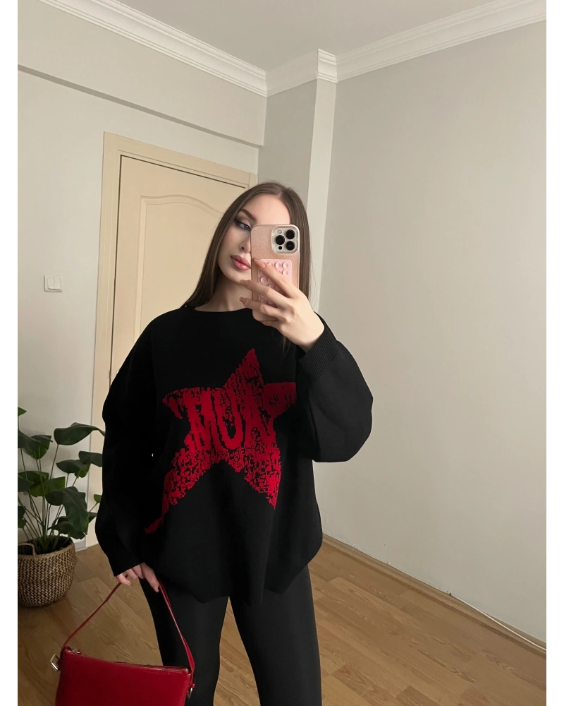 Yıdız Desenli Siyah Oversize Kazak