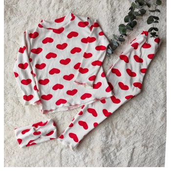 Fitilli Kumaş Kalp Desenli Body Tayt Bandana Üçlü Kız Çocuk Takımı