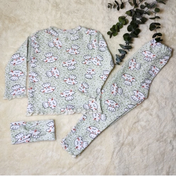 Fitilli Kumaş Kuzu Desenli Body Tayt Bandana Üçlü Kız Çocuk Takımı