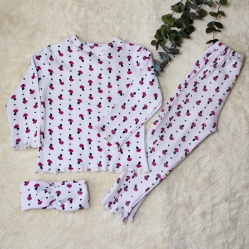 Fitilli Kumaş Mantar Desenli Body Tayt Bandana Üçlü Kız Çocuk Takımı