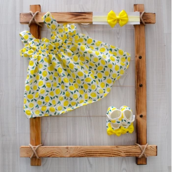 Kız Bebek Limon Baskılı Elbise Fiyonklu Bandana Ve Ayakkabı 3lü Takım