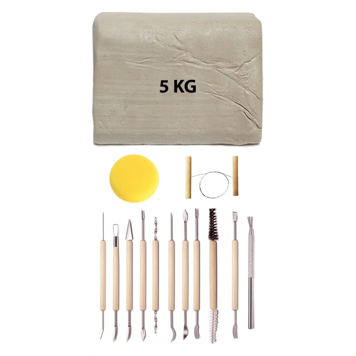Beyaz Seramik Hamuru 5 kg Kil Modelaj Oyma Seramik Detay Seti 11li Kesme Teli Seramik Rötuş Süngeri