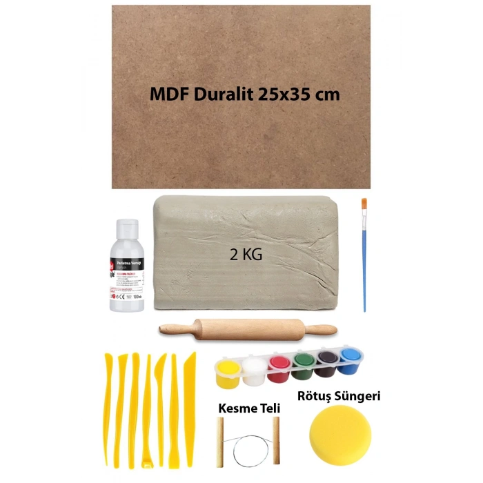 Beyaz Seramik Hamuru 2 kg Kil 25x35 Duralit Ebeşuar Seti 6x15 ml Akrilik Set Vernik Ahşap Merdane