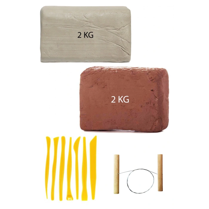 Kahve Çamur 2 Kg Kırmızı Kil Seramik Hamuru Beyaz Kil 2 Kg Plastik Ebeşuar Seti Çamur Kesme Teli
