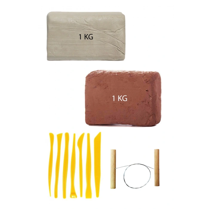 Kahve Çamur 1 Kg Kırmızı Kil Seramik Hamuru Beyaz Kil 1 Kg Plastik Ebeşuar Seti Çamur Kesme Teli