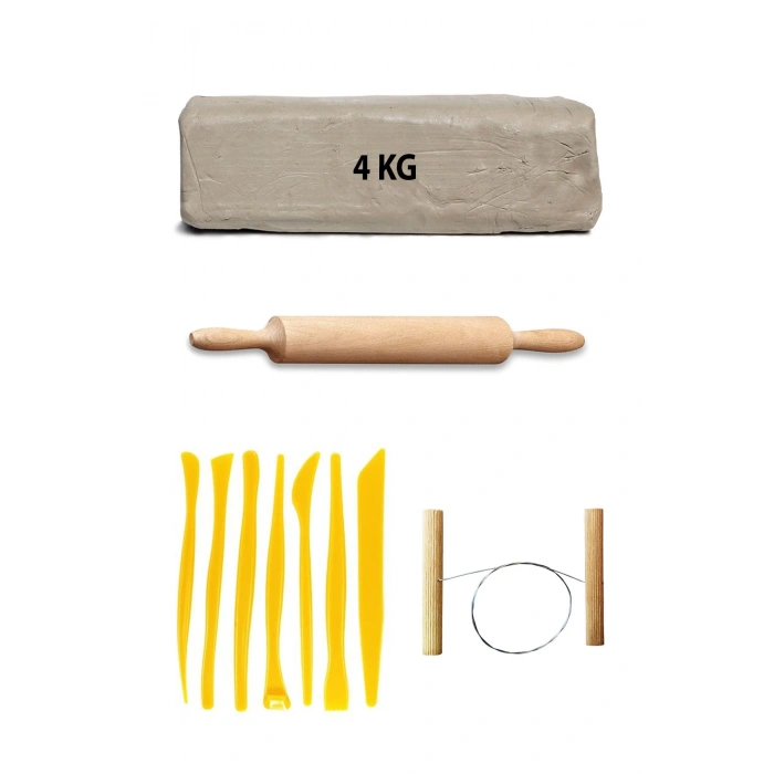 Beyaz Seramik Hamuru 4 kg Plastik Ebeşuar Seti Kil Seti Seramik Kili Ahşap Merdane Çamur Kesme Teli