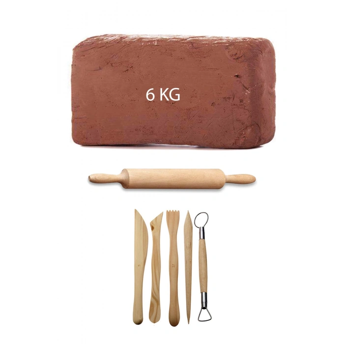 Kahve Çamur Kırmızı Kil Seramik Hamuru 6 kg Ebeşuar Seti Ahşap Merdane Seramik Set