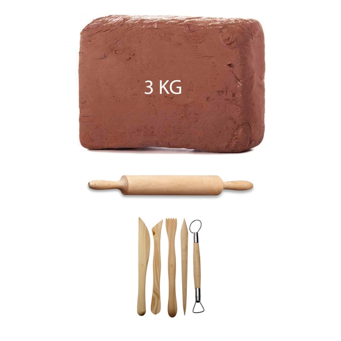 Kahve Çamur Kırmızı Kil Seramik Hamuru 3 kg Ebeşuar Seti Ahşap Merdane Seramik Set