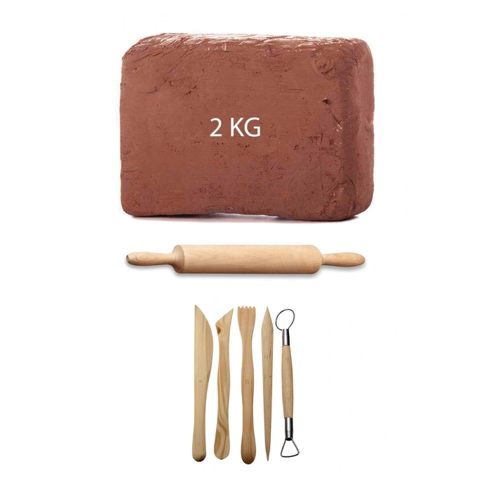 Kahve Çamur Kırmızı Kil Seramik Hamuru 2 kg Ebeşuar Seti Ahşap Merdane Seramik Set