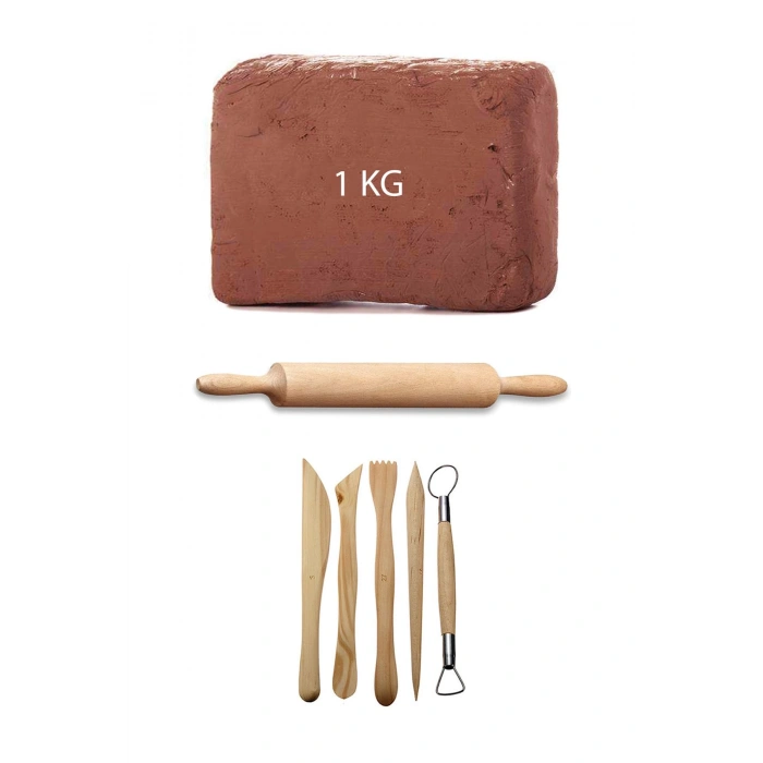 Kahve Çamur Kırmızı Kil Seramik Hamuru 1 kg Ebeşuar Seti Ahşap Merdane Seramik Set