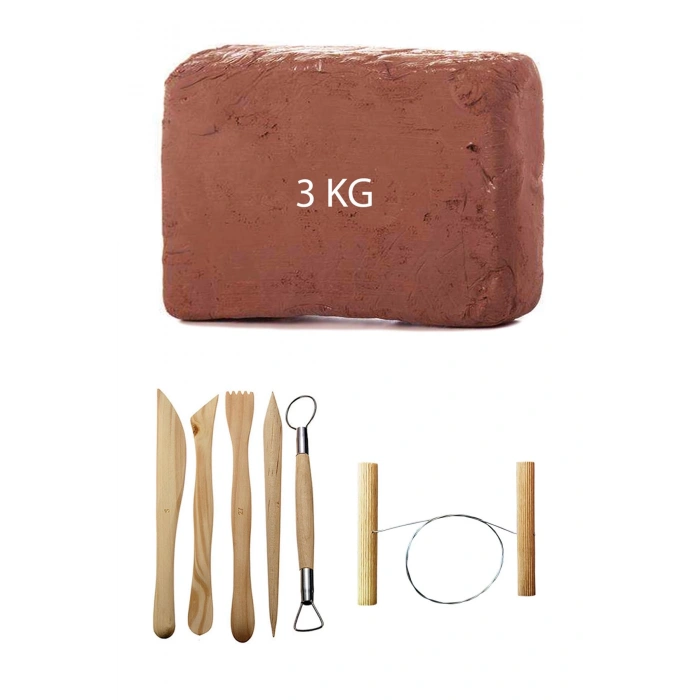 Kahve Çamur Kırmızı Kil Seramik Hamuru 3 kg Ebeşuar Seti Seramik Çamur Kesme Teli
