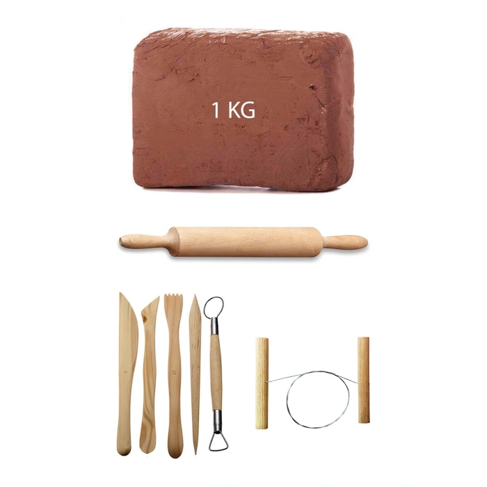 Kahve Çamur Kırmızı Kil Seramik Hamuru 1 kg Ebeşuar Seti Ahşap Merdane Seramik Çamur Kesme Teli