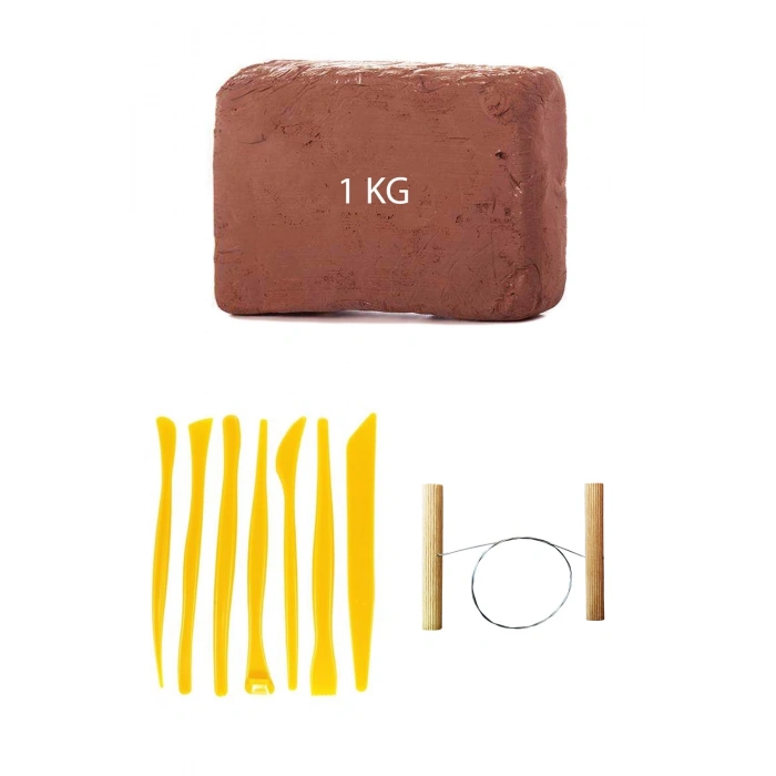 Kahve Çamur Kırmızı Kil Seramik Hamuru 1 kg Plastik Ebeşuar Seti 7 Parça Çamur Kesme Teli