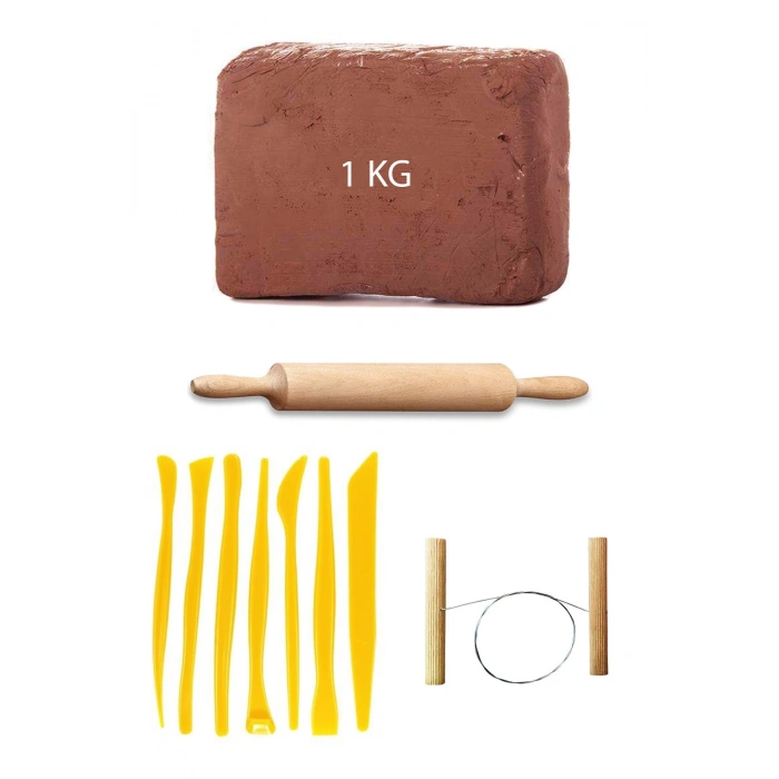 Kahve Çamur Kırmızı Kil Seramik Hamuru 1 kg Plastik Ebeşuar Seti Ahşap Merdane Çamur Kesme Teli