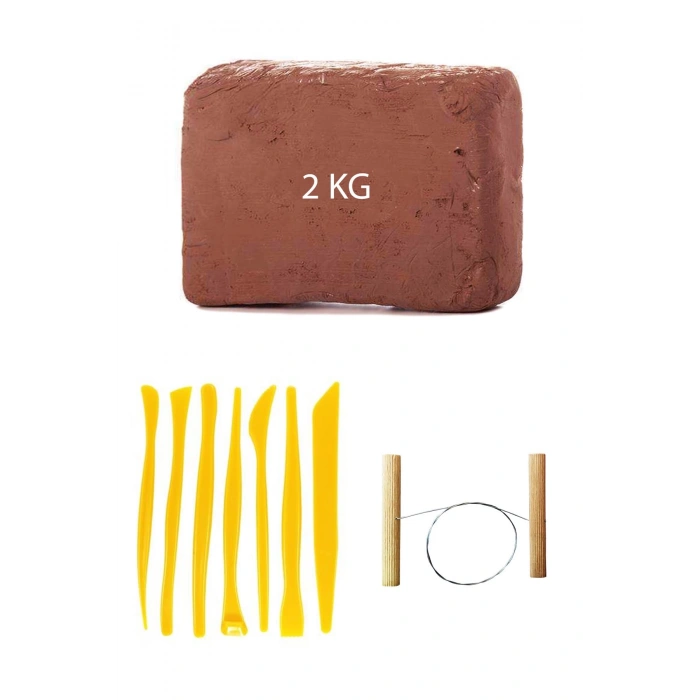 Kahve Çamur Kırmızı Kil Seramik Hamuru 2 kg Plastik Ebeşuar Seti 7 Parça Çamur Kesme Teli