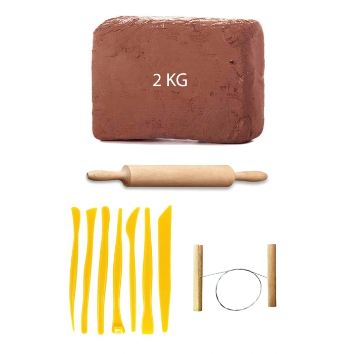 Kahve Çamur Kırmızı Kil Seramik Hamuru 2 kg Plastik Ebeşuar Seti Ahşap Merdane Çamur Kesme Teli