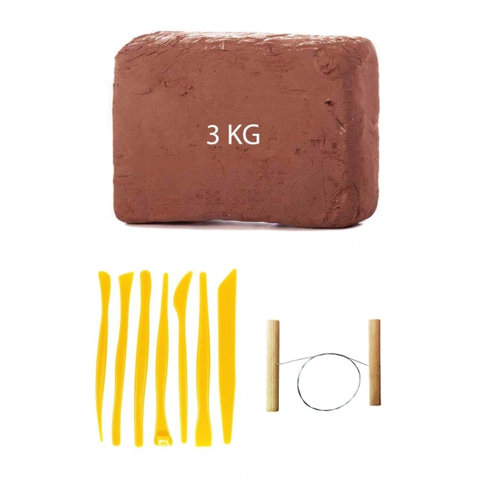 Kahve Çamur Kırmızı Kil Seramik Hamuru 3 kg Plastik Ebeşuar Seti 7 Parça Çamur Kesme Teli