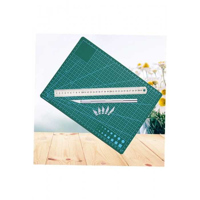 Çift Taraflı Kesim Altlığı A4 Kesim Matı Kretuar Bıçağı 5 Yedek Çelik Cetvel 30 cm A4 Kesim Seti