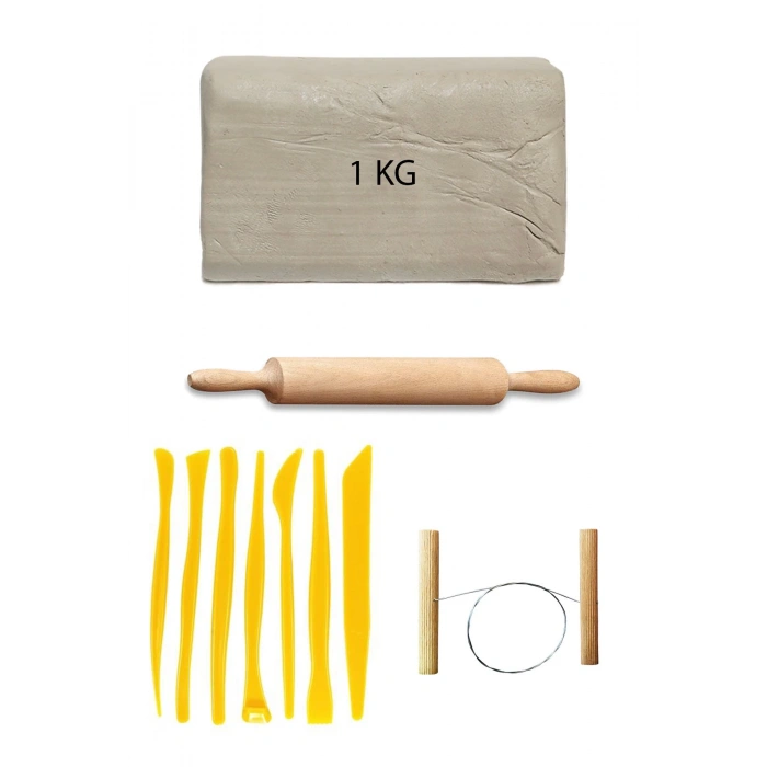Beyaz Seramik Hamuru 1 kg Plastik Ebeşuar Seti Kil Seti Seramik Kili Ahşap Merdane Çamur Kesme Teli