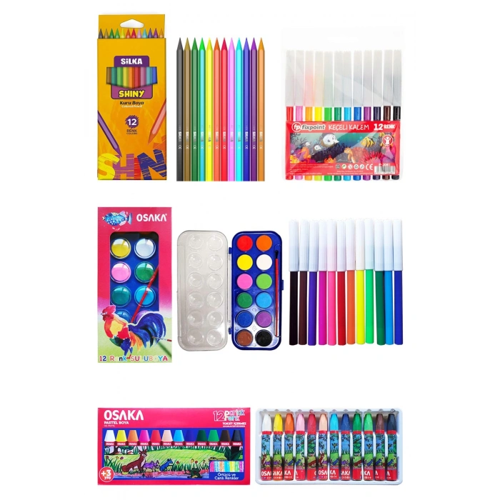 Osaka Sulu Boya 12li Pastel Boya 12li Silka Kuru Boya 12li Fixpoint Keçeli Kalem 12li Okul Seti