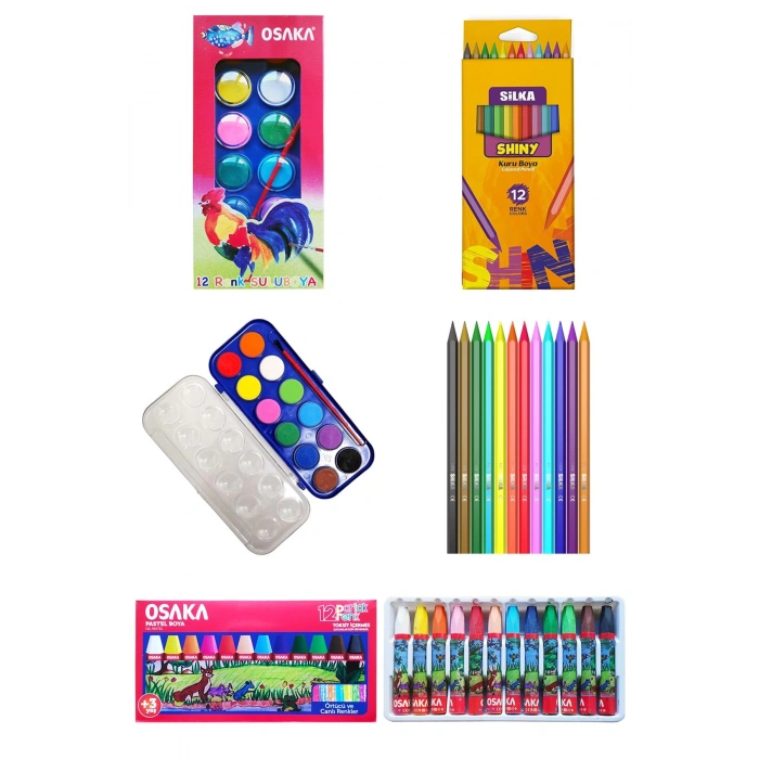 Silka Shiny Kuru Boya 12li Osaka Pastel Boya 12li Osaka Sulu Boya 12li Kırtasiye Seti Okul Seti