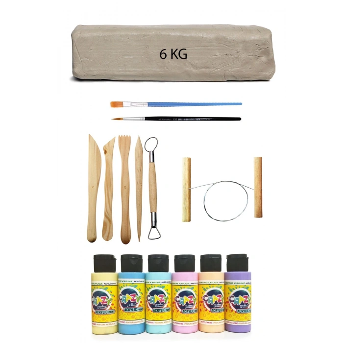 Beyaz Seramik Hamuru 6 kg Kil Ebeşuar Seti 6x 60 cc Pastel Akrilik Set Çamur Kesme Teli Kil Seti