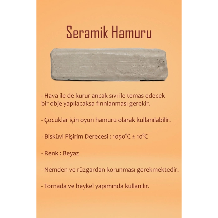 Beyaz Seramik Hamuru 6 kg Ebeşuar Seti Kil Seti Seramik Çamuru Seti Ahşap Merdane Çamur Kesme Teli