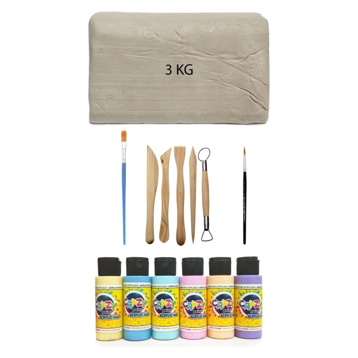 Beyaz Seramik Hamuru 3 kg Kil Ebeşuar Seti 5 Parça 6x60 cc Akrilik Boya Seti Pastel Renkler