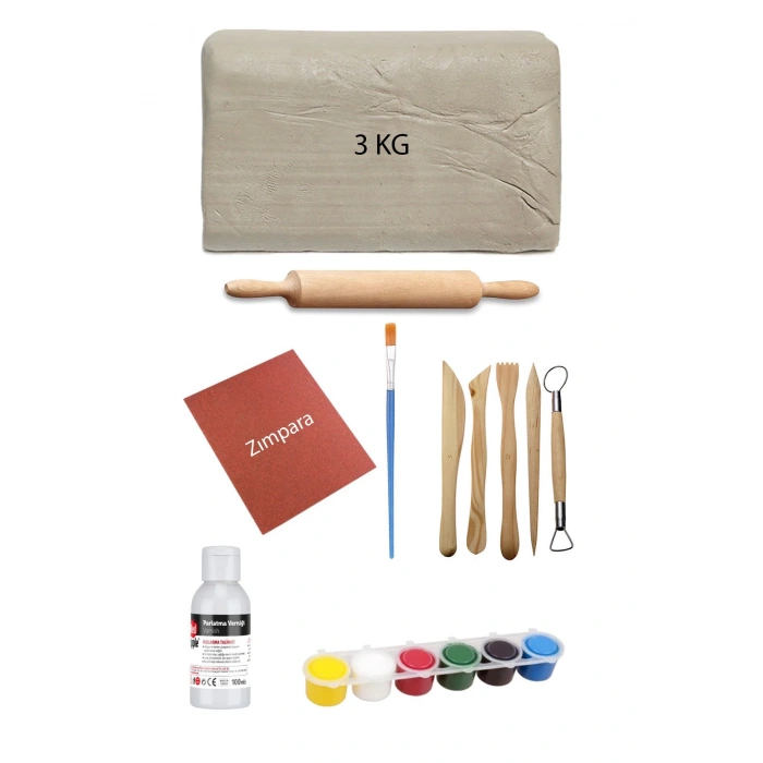 Beyaz Seramik Hamuru 3 Kg Kil Ebeşuar Seti 6x15 ml Akrilik Set 100 ml Vernik Ahşap Merdane Zımpara