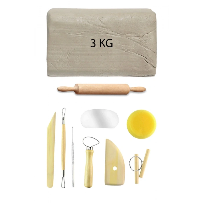 Beyaz Seramik Hamuru 3 kg Seramik Başlangıç Seti 8 Parça Mini Ahşap Merdane