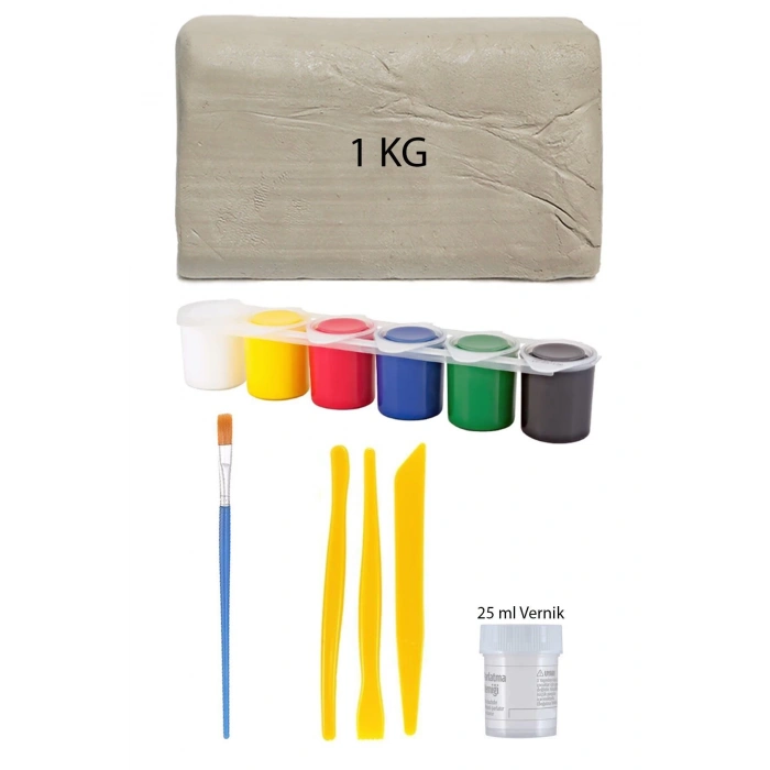 Beyaz Seramik Hamuru 1 Kg Kil Plastik Ebeşuar Seti Akrilik Boya Su Bazlı Parlatma Verniği