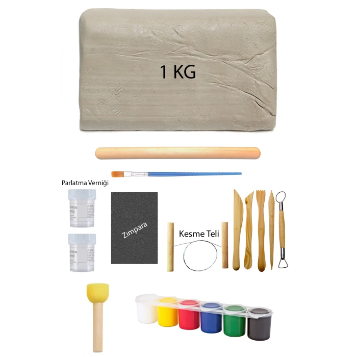 Beyaz Seramik Hamuru 1 Kg Kil Ebeşuar Seti Akrilik Boya Su Bazlı Vernik Ahşap Merdane Zımpara
