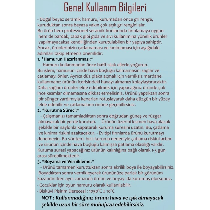 Beyaz Seramik Hamuru 3 kg Seramik Başlangıç Seti 8 Parça