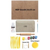 Beyaz Seramik Hamuru 2 kg Kil 25x35 Duralit Ebeşuar Seti 6x15 ml Akrilik Set Vernik Ahşap Merdane