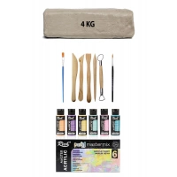 Beyaz Seramik Hamuru 4 Kg Kil Ebeşuar Seti Rich Akrilik Mastermix Pastel Seti Düz ve Yuvarlak Fırça