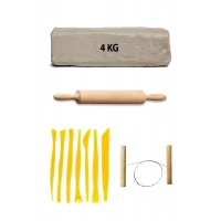 Beyaz Seramik Hamuru 4 kg Plastik Ebeşuar Seti Kil Seti Seramik Kili Ahşap Merdane Çamur Kesme Teli