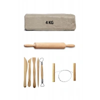 Beyaz Seramik Hamuru 4 kg Seramik Çamuru Çamur Kesme Teli Seramik Kili Ahşap Merdane