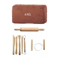 Kahve Çamur Kırmızı Kil Seramik Hamuru 6 kg Ebeşuar Seti Ahşap Merdane Seramik Çamur Kesme Teli
