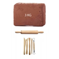 Kahve Çamur Kırmızı Kil Seramik Hamuru 3 kg Ebeşuar Seti Ahşap Merdane Seramik Set