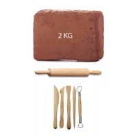 Kahve Çamur Kırmızı Kil Seramik Hamuru 2 kg Ebeşuar Seti Ahşap Merdane Seramik Set