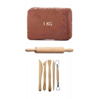 Kahve Çamur Kırmızı Kil Seramik Hamuru 1 kg Ebeşuar Seti Ahşap Merdane Seramik Set