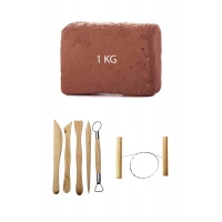 Kahve Çamur Kırmızı Kil Seramik Hamuru 1 kg Ebeşuar Seti Seramik Çamur Kesme Teli