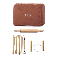 Kahve Çamur Kırmızı Kil Seramik Hamuru 3 kg Ebeşuar Seti Ahşap Merdane Seramik Çamur Kesme Teli