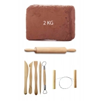 Kahve Çamur Kırmızı Kil Seramik Hamuru 2 kg Ebeşuar Seti Ahşap Merdane Seramik Çamur Kesme Teli