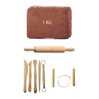 Kahve Çamur Kırmızı Kil Seramik Hamuru 1 kg Ebeşuar Seti Ahşap Merdane Seramik Çamur Kesme Teli
